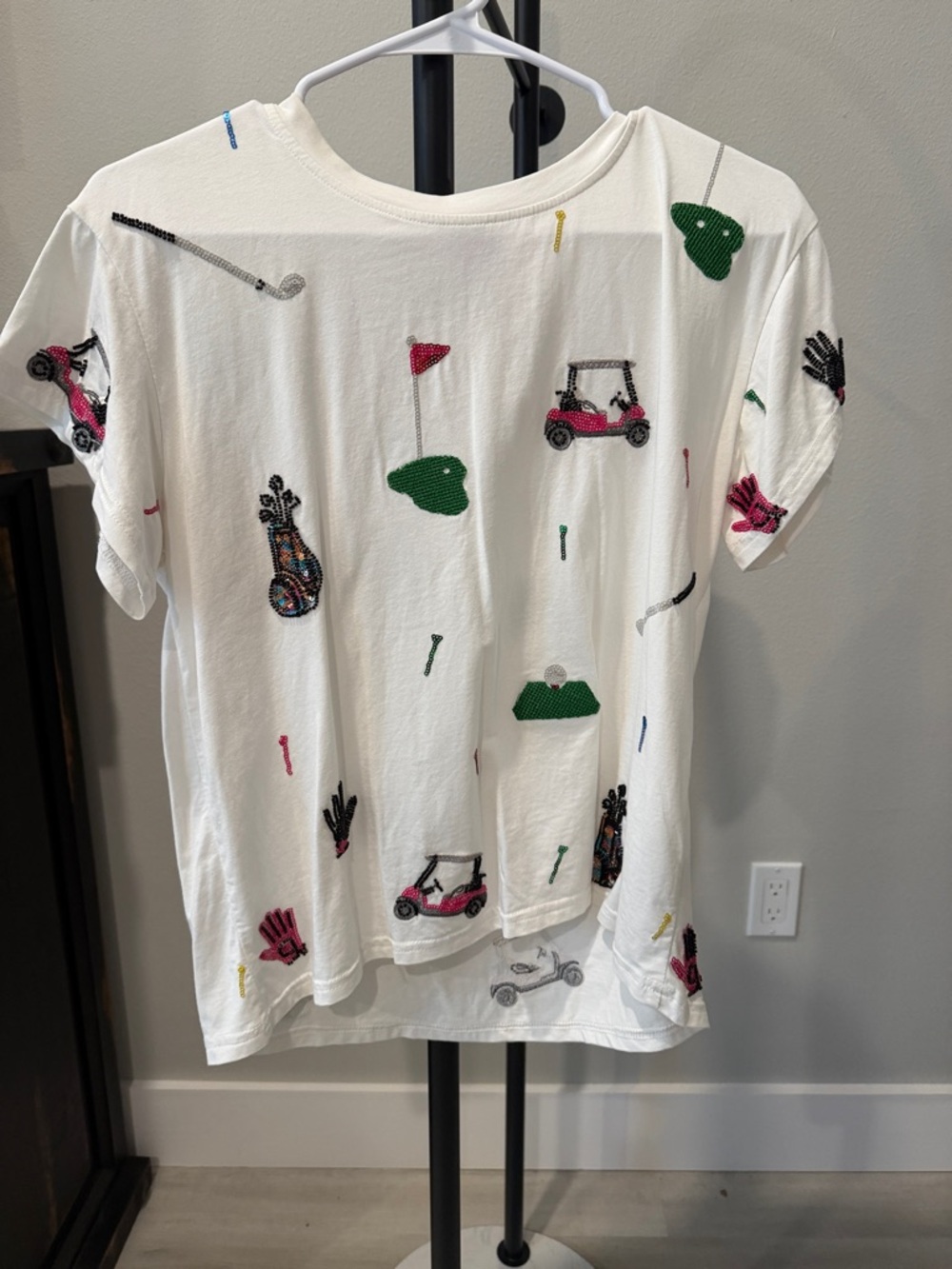 QUEEN OF SPARKLES White Tee with Pink & Green Golf Embroidery